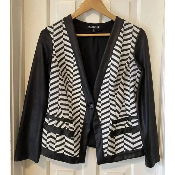 Picadilly Blazer Women’s XS Vintage 90’s Y2K Black  White Chevron Made In Canada - Picture 1 of 13